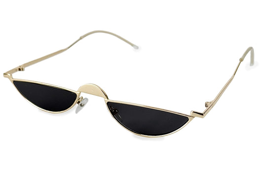 Super smalle hurtigbriller med halvt glas i sort med guld stel set fra siden