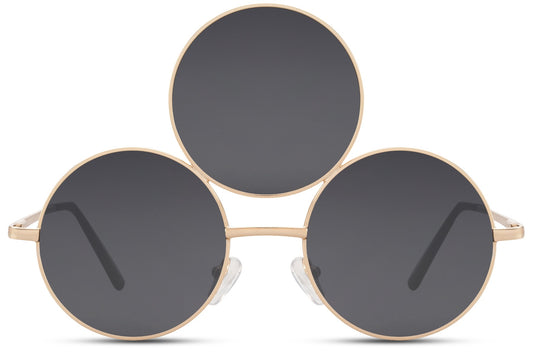 Treøjet solbriller med tre glas i grå og guld stel set fra fronten