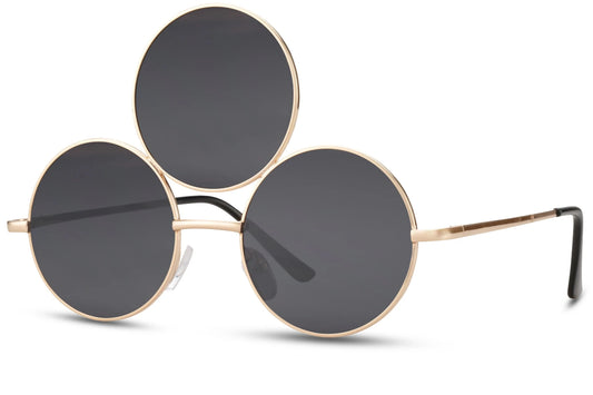 Treøjet solbriller med tre glas i grå og guld stel set fra siden