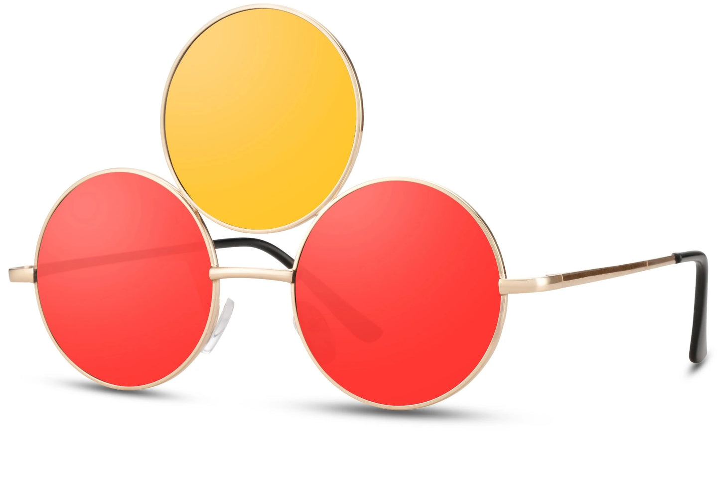 Treøjet solbriller med tre glas i gul og rød og guld stel set fra siden