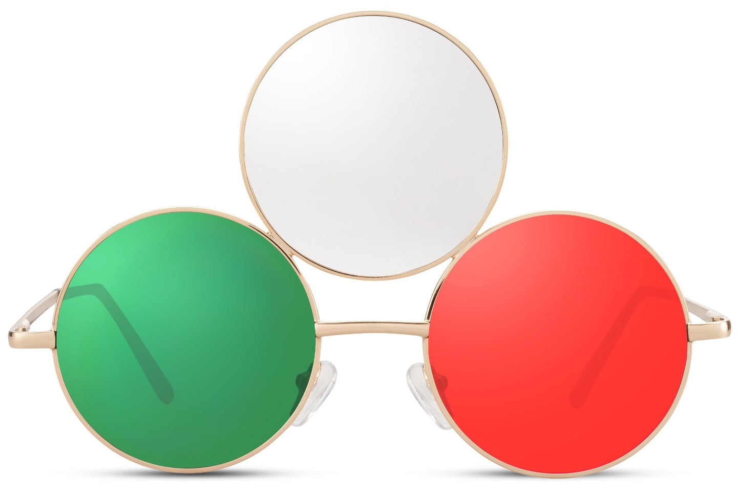 Treøjet solbriller med tre glas i hvid, grøn og rød og guld stel set fra fronten