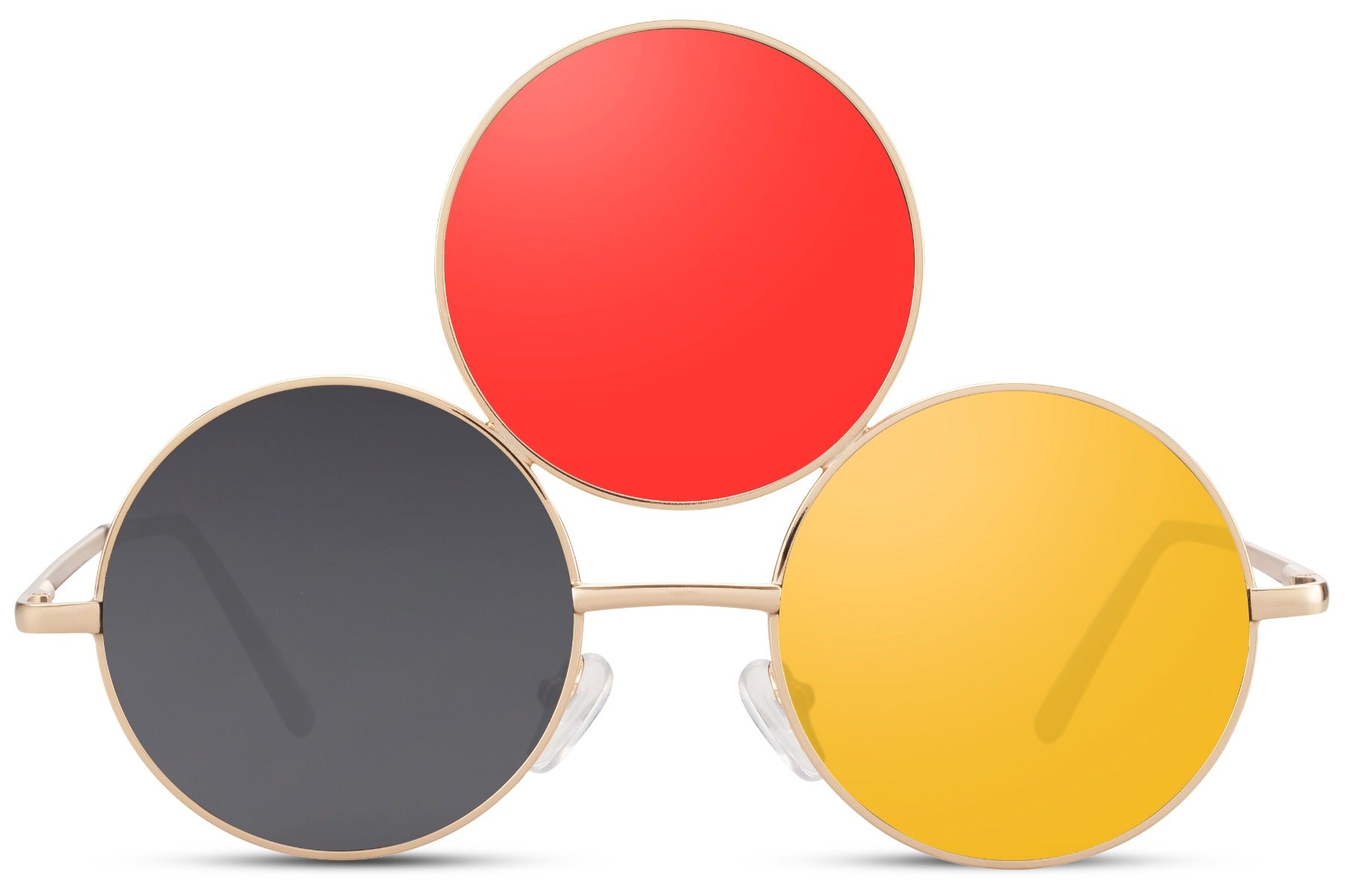 Treøjet solbriller med tre glas i rød, grå og gul og guld stel set fra fronten