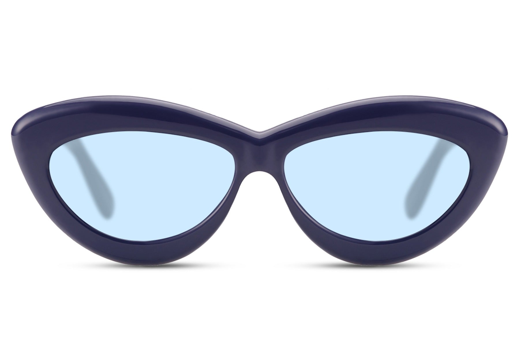 Vaskebjørn hurtigbriller med blå glas og lilla stel set fra fronten