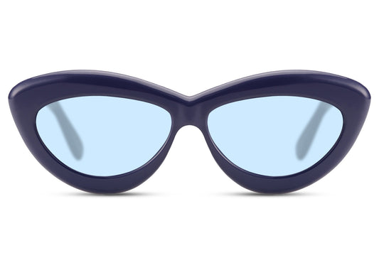 Vaskebjørn hurtigbriller med blå glas og lilla stel set fra fronten