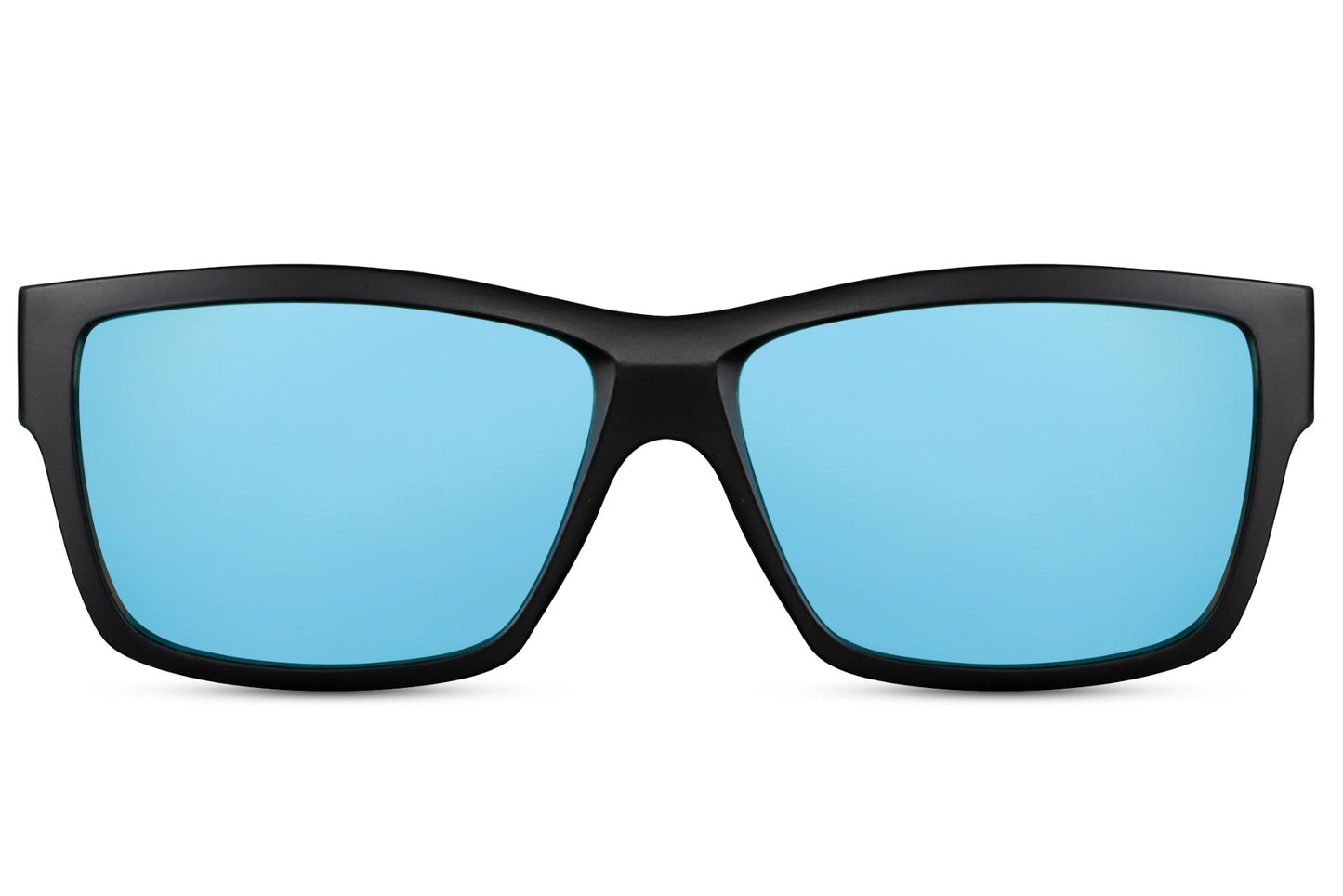 Wayfarer hurtige solbriller i blå glas og sort stel set fra fronten