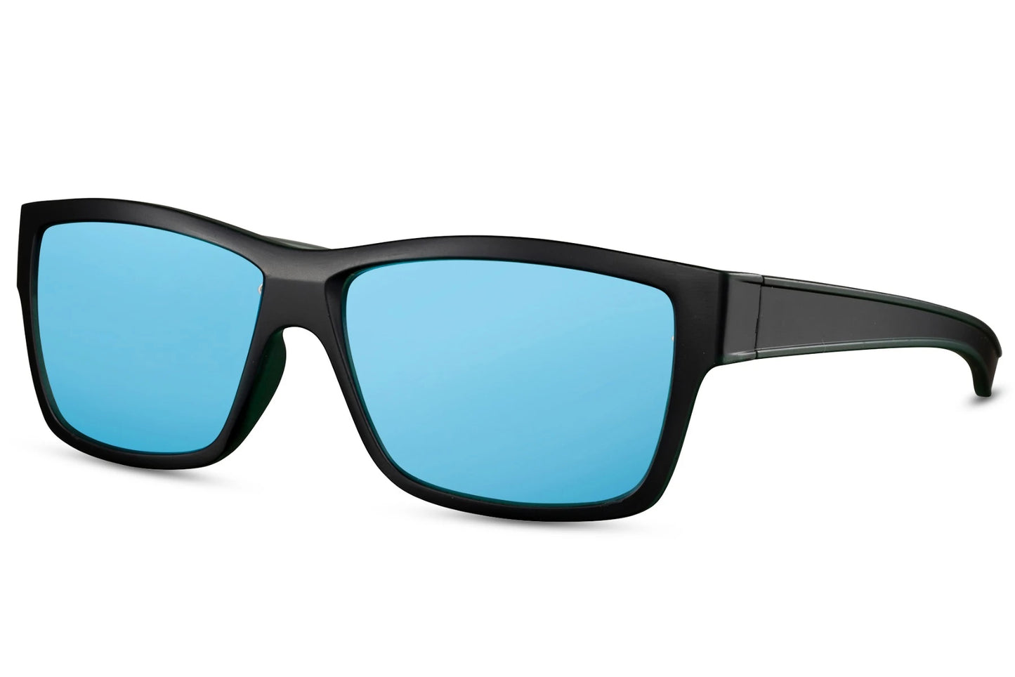 Wayfarer hurtige solbriller i blå glas og sort stel set fra siden