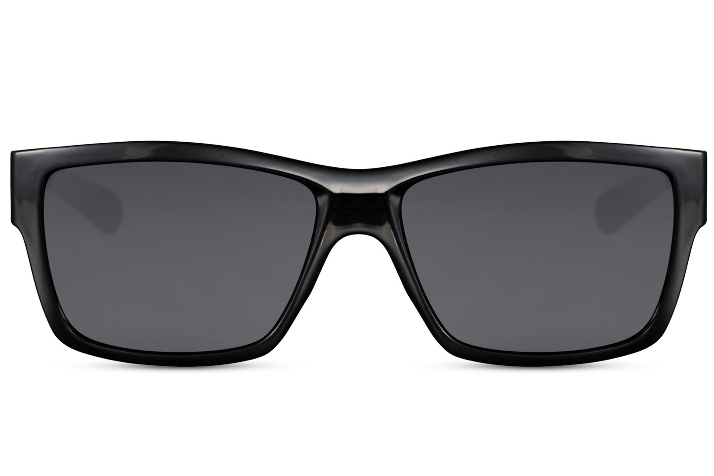 Wayfarer hurtige solbriller i sorte glas og sort stel set fra fronten