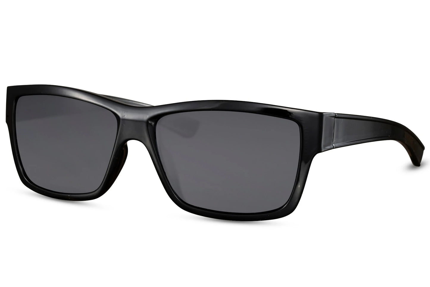 Wayfarer hurtige solbriller i sorte glas og sort stel set fra siden