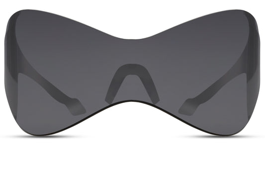 Sorte wraparound solbriller med store glas set fra fronten