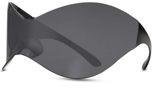Sorte wraparound solbriller med store glas set fra siden