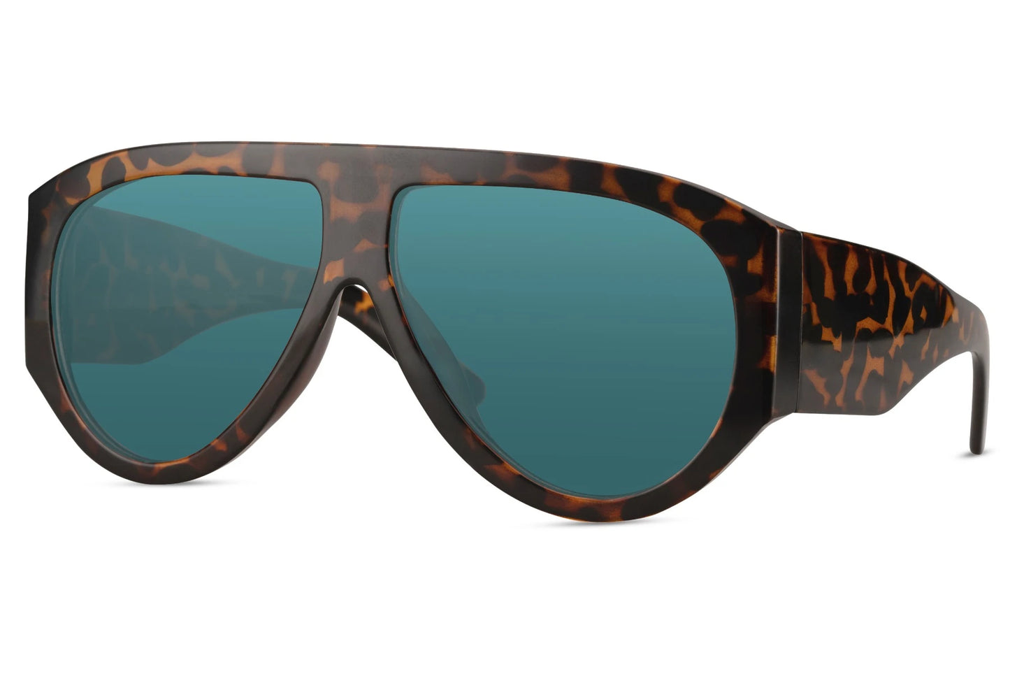 Blå og leopard hurtigbrille med store runde glas og tyk stel set fra siden