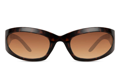 Brede hurtigbriller med brune spidse glas og stel set fra fronten