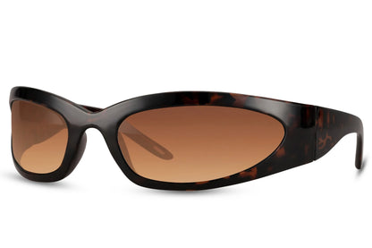 Brede hurtigbriller med brune spidse glas og stel set fra siden