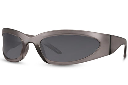 Brede hurtigbriller med grå spidse glas og stel set fra siden