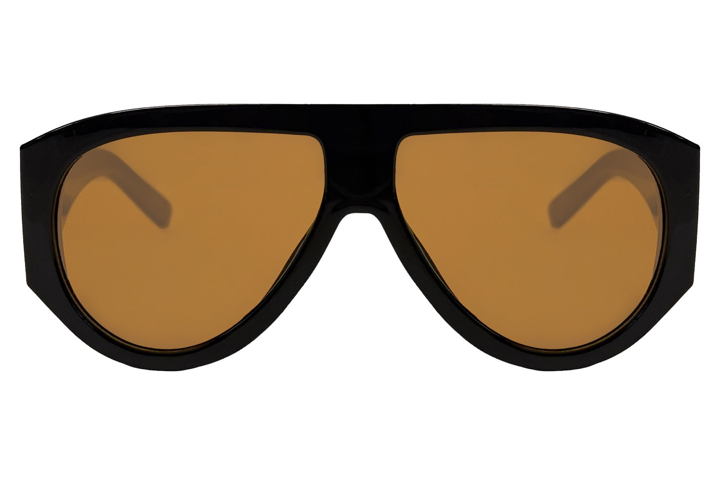 Brun og sort hurtigbrille med store runde glas og tyk stel set fra fronten
