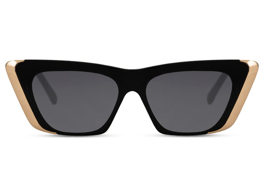 Cat eye hurtigbriller med guldkant og grå glas set fra fronten