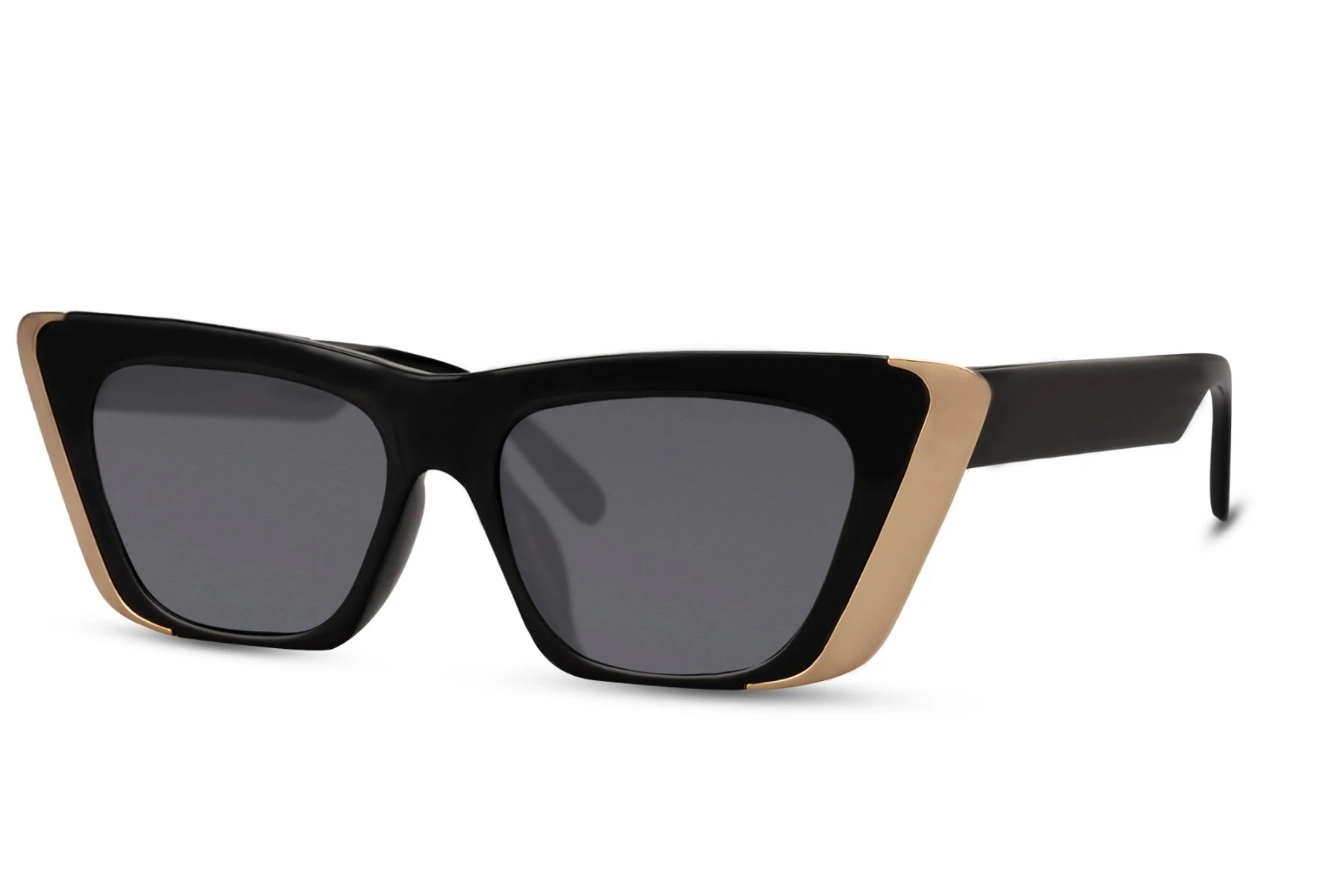 Cat eye hurtigbriller med guldkant og grå glas set fra siden