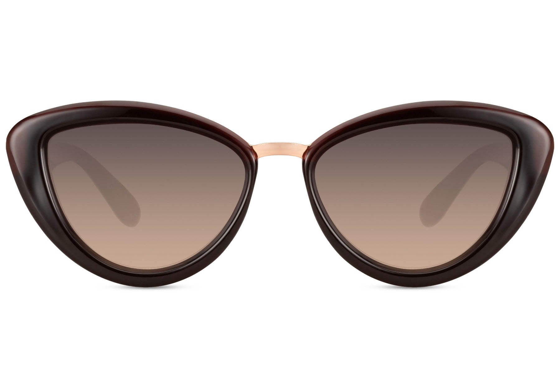 Brune cateye solbriller med tykt stel set fra fronten