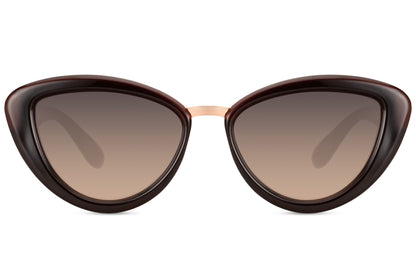 Brune cateye solbriller med tykt stel set fra fronten