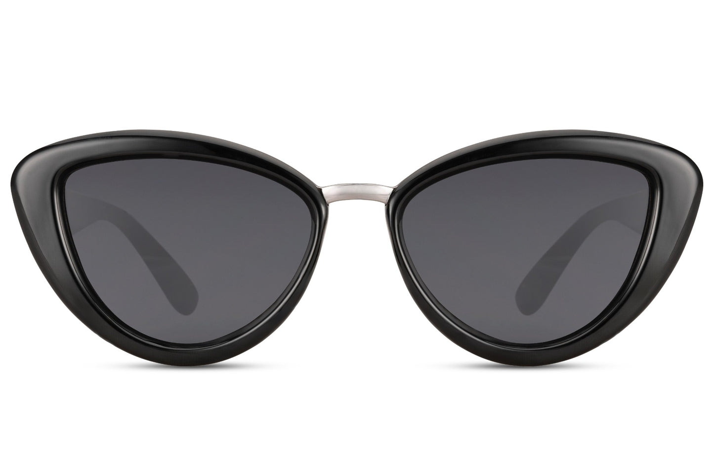 Sorte cateye solbriller med tykt stel set fra fronten