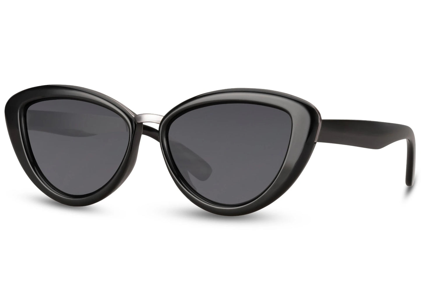 Sorte cateye solbriller med tykt stel set fra siden