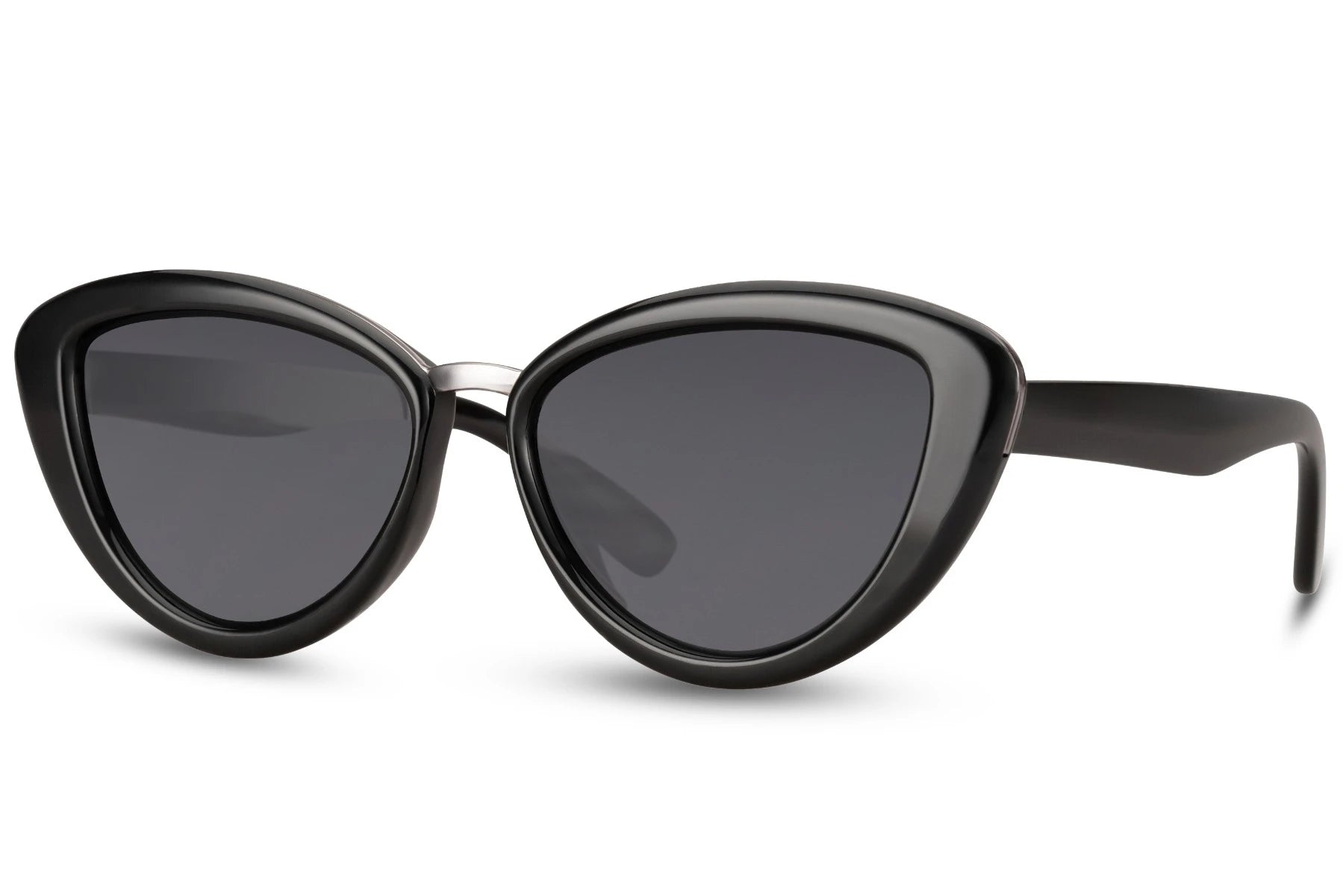 Sorte cateye solbriller med tykt stel set fra siden