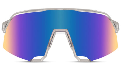 Cool cykelbriller med store glas i blå gradient og gennemsigtig stel set fra fronten