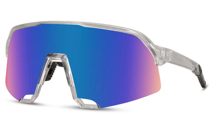 Cool cykelbriller med store glas i blå gradient og gennemsigtig stel set fra siden