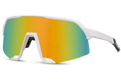 Cool cykelbriller med store glas i gul gradient og hvidt stel set fra siden