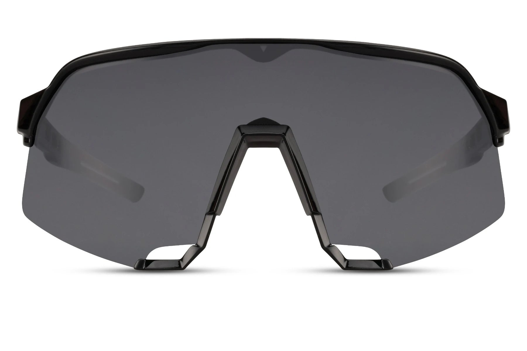 Cool cykelbriller med store glas i sort glas og sort stel set fra fronten