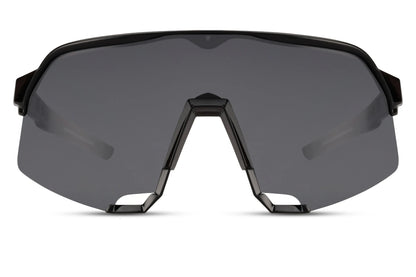 Cool cykelbriller med store glas i sort glas og sort stel set fra fronten