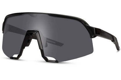 Cool cykelbriller med store glas i sort glas og sort stel set fra siden