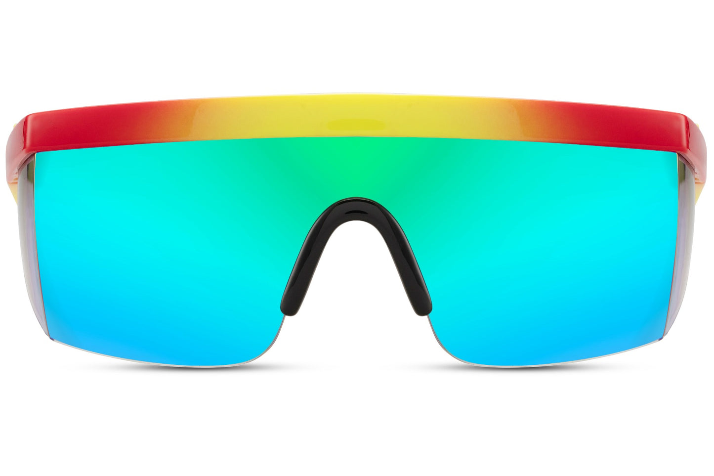 Hurtige cykel- eller løbebriller med blå glas og lynformede stænger set fra fronten