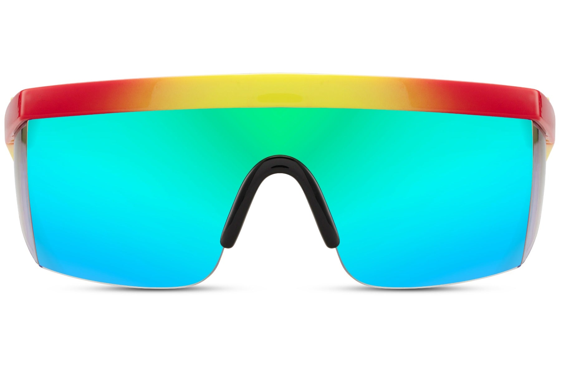 Hurtige cykel- eller løbebriller med blå glas og lynformede stænger set fra fronten