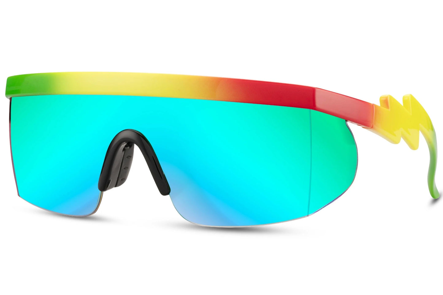 Hurtige cykel- eller løbebriller med blå glas og lynformede stænger set fra siden