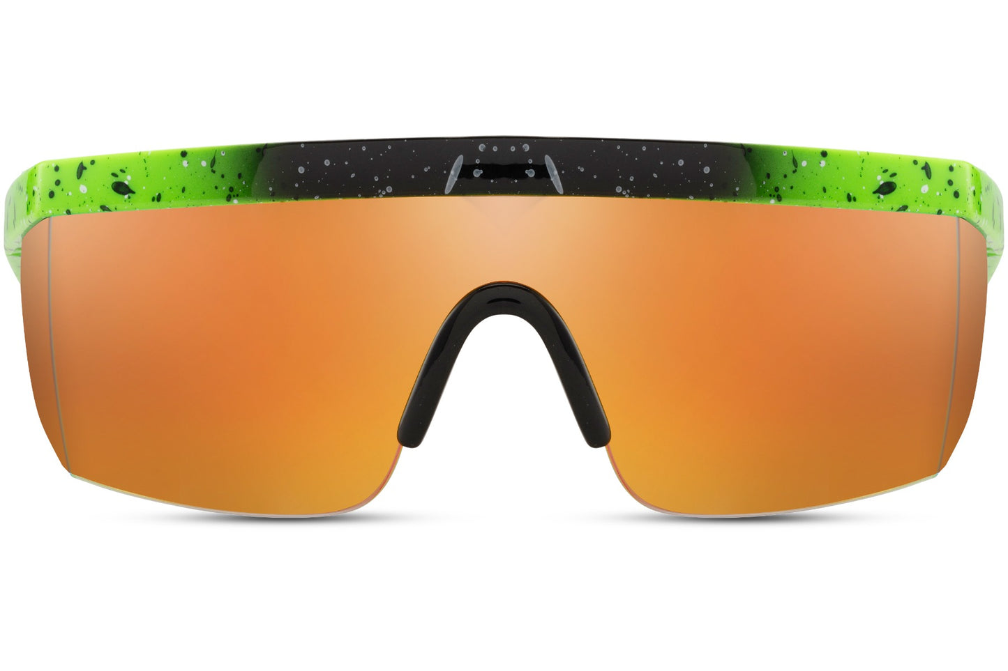 Hurtige cykel- eller løbebriller med orange glas og lynformede stænger set fra fronten