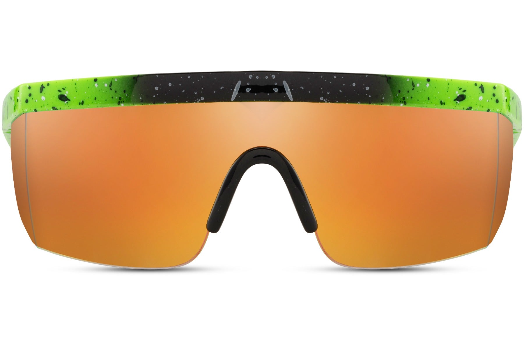 Hurtige cykel- eller løbebriller med orange glas og lynformede stænger set fra fronten