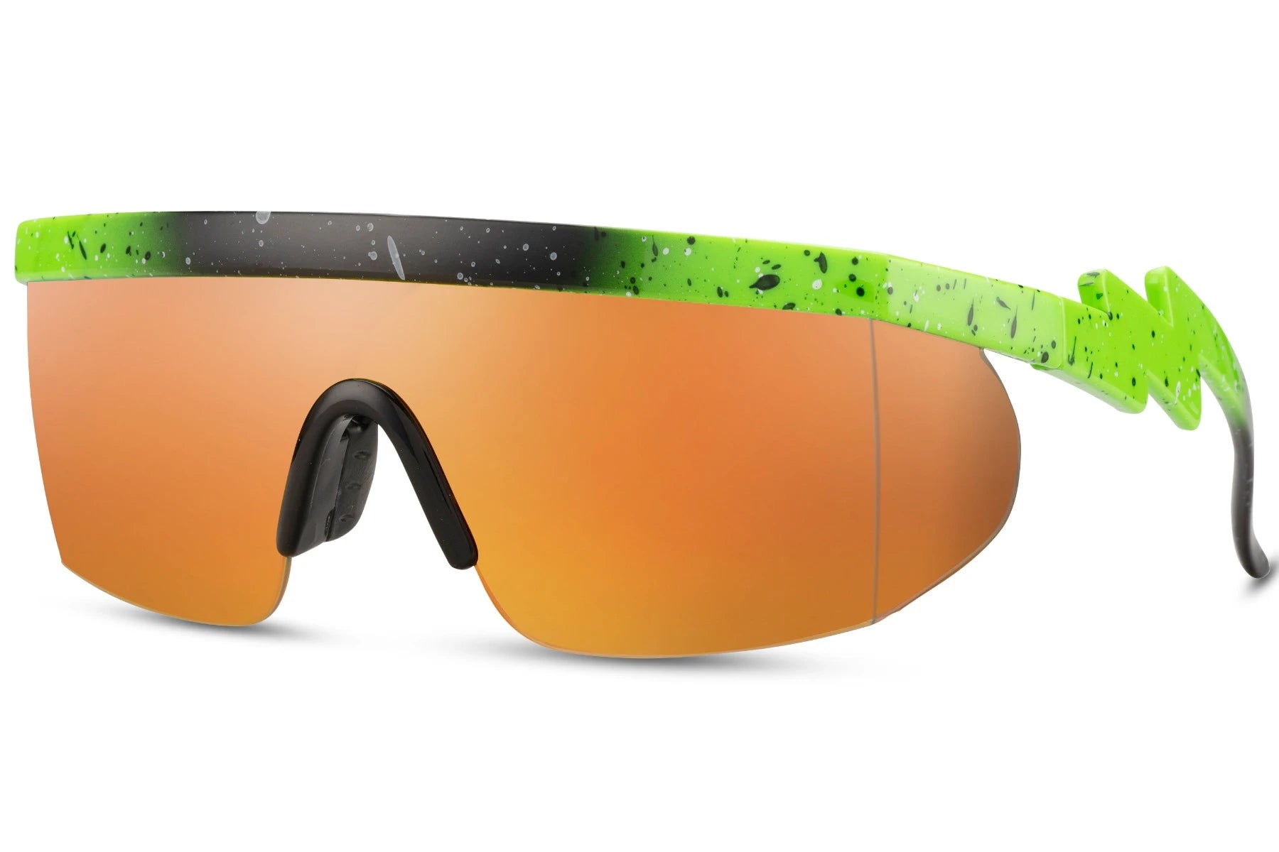 Hurtige cykel- eller løbebriller med orange glas og lynformede stænger set fra siden