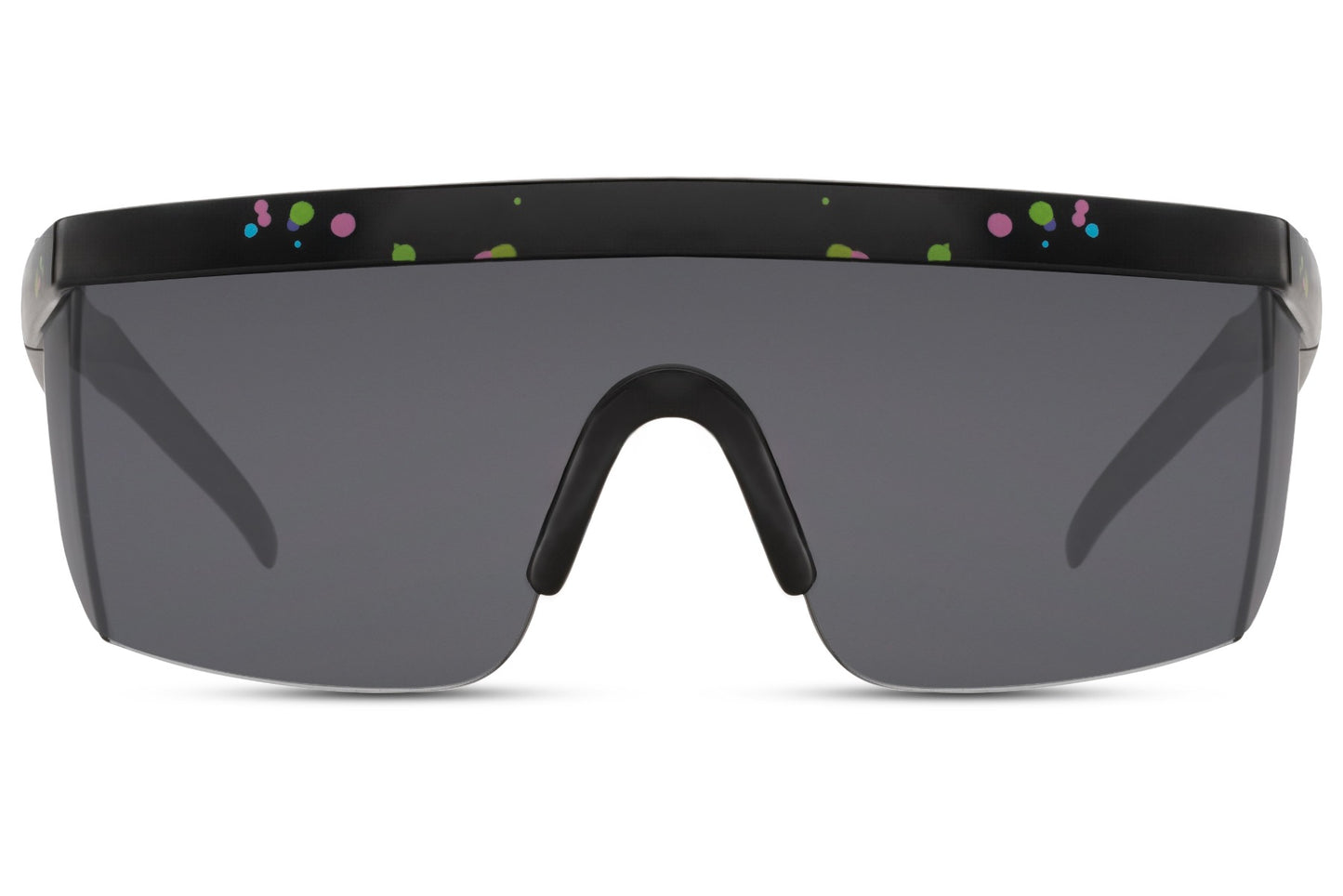 Hurtige cykel- eller løbebriller med sorte glas og lynformede stænger set fra fronten