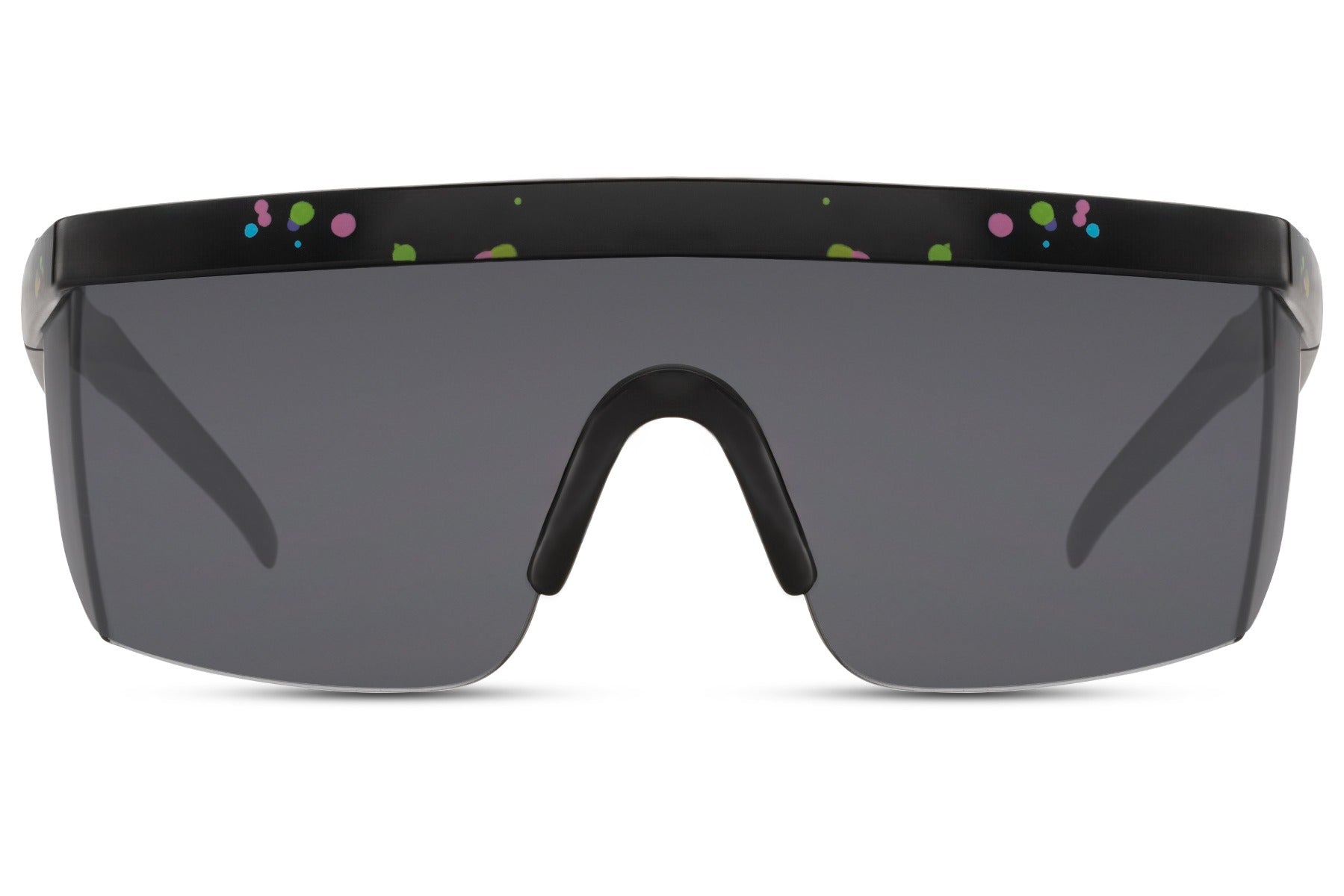 Hurtige cykel- eller løbebriller med sorte glas og lynformede stænger set fra fronten