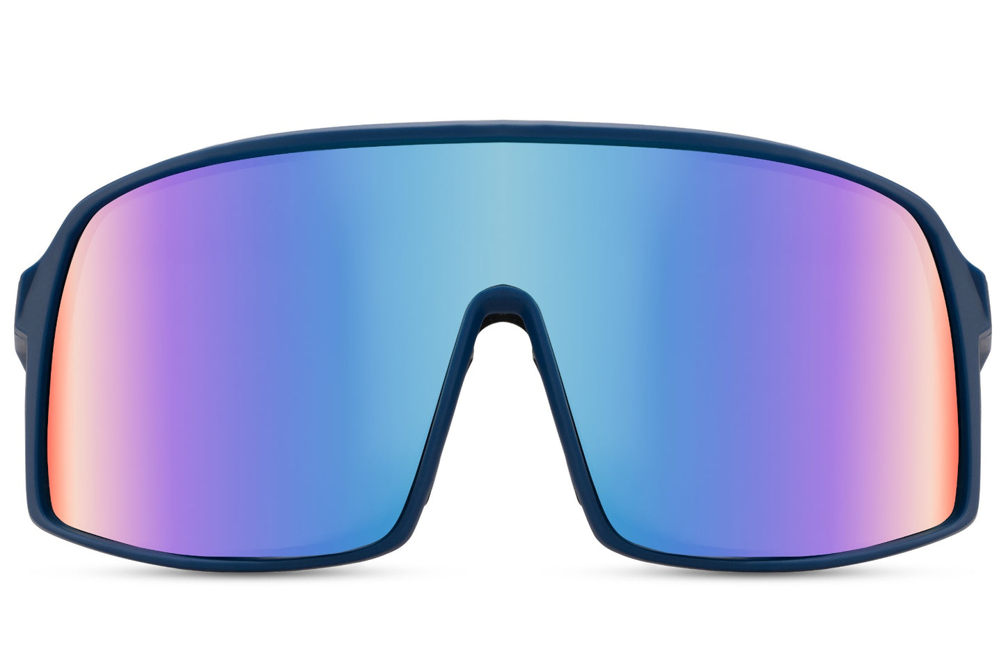 Cykelbriller med store glas og blå gradient glas set fra fronten