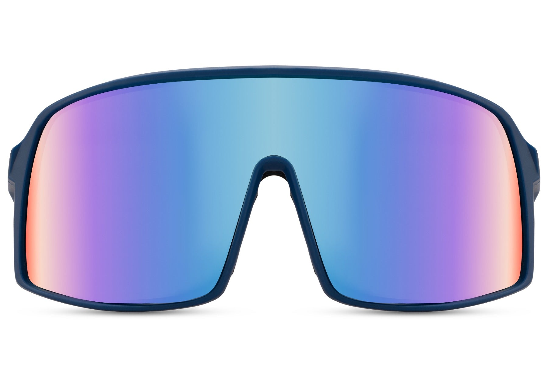 Cykelbriller med store glas og blå gradient glas set fra fronten