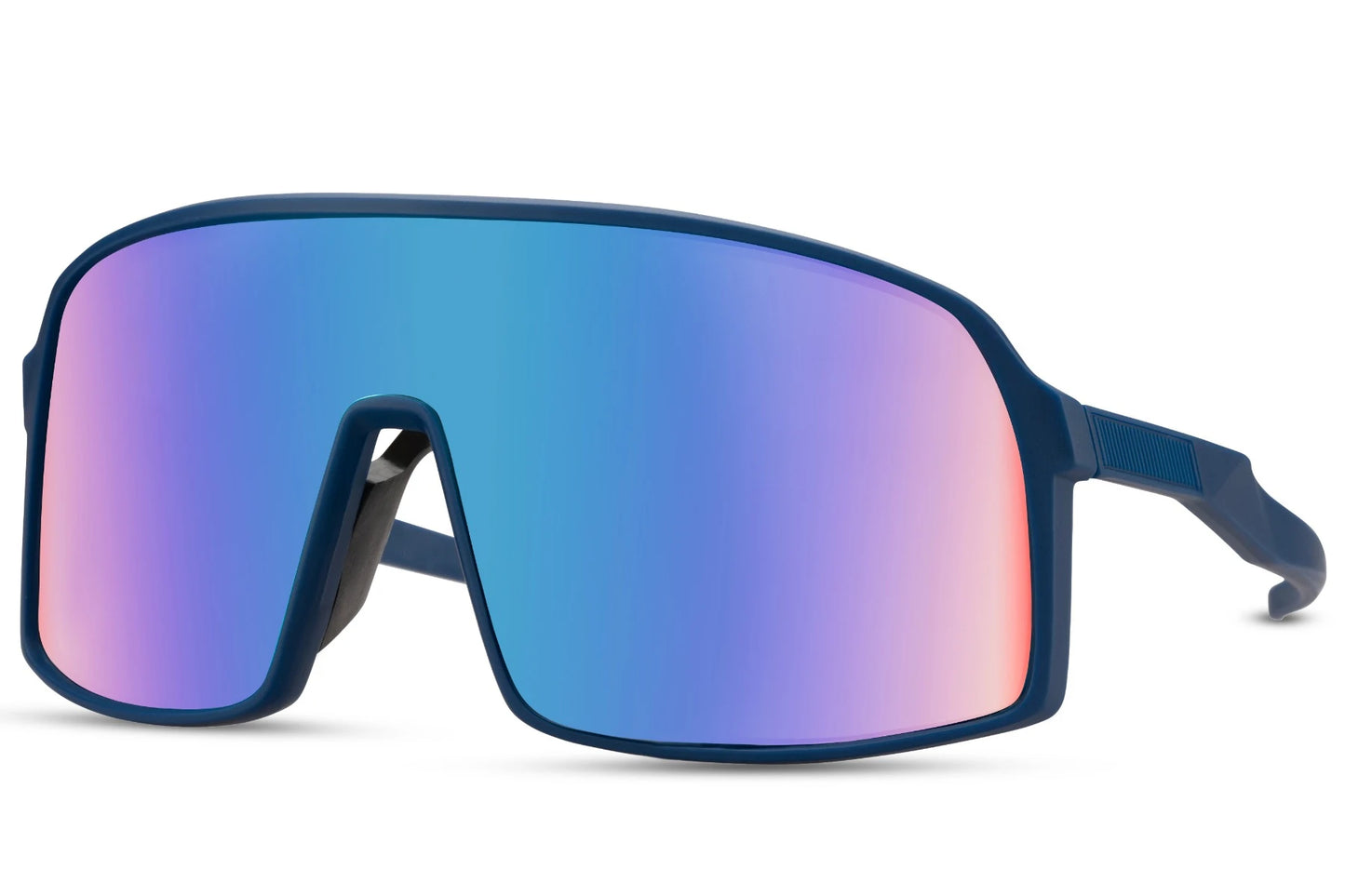 Cykelbriller med store glas og blå gradient glas set fra siden