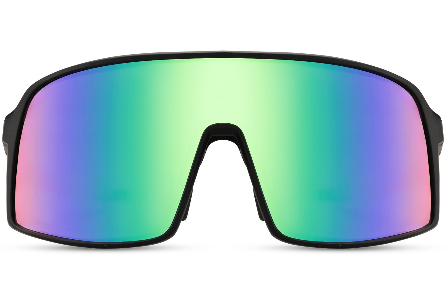 Cykelbriller med store glas og grønne gradient glas set fra fronten