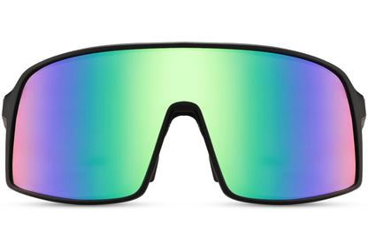 Cykelbriller med store glas og grønne gradient glas set fra fronten