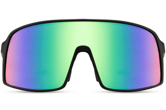 Cykelbriller med store glas og grønne gradient glas set fra fronten