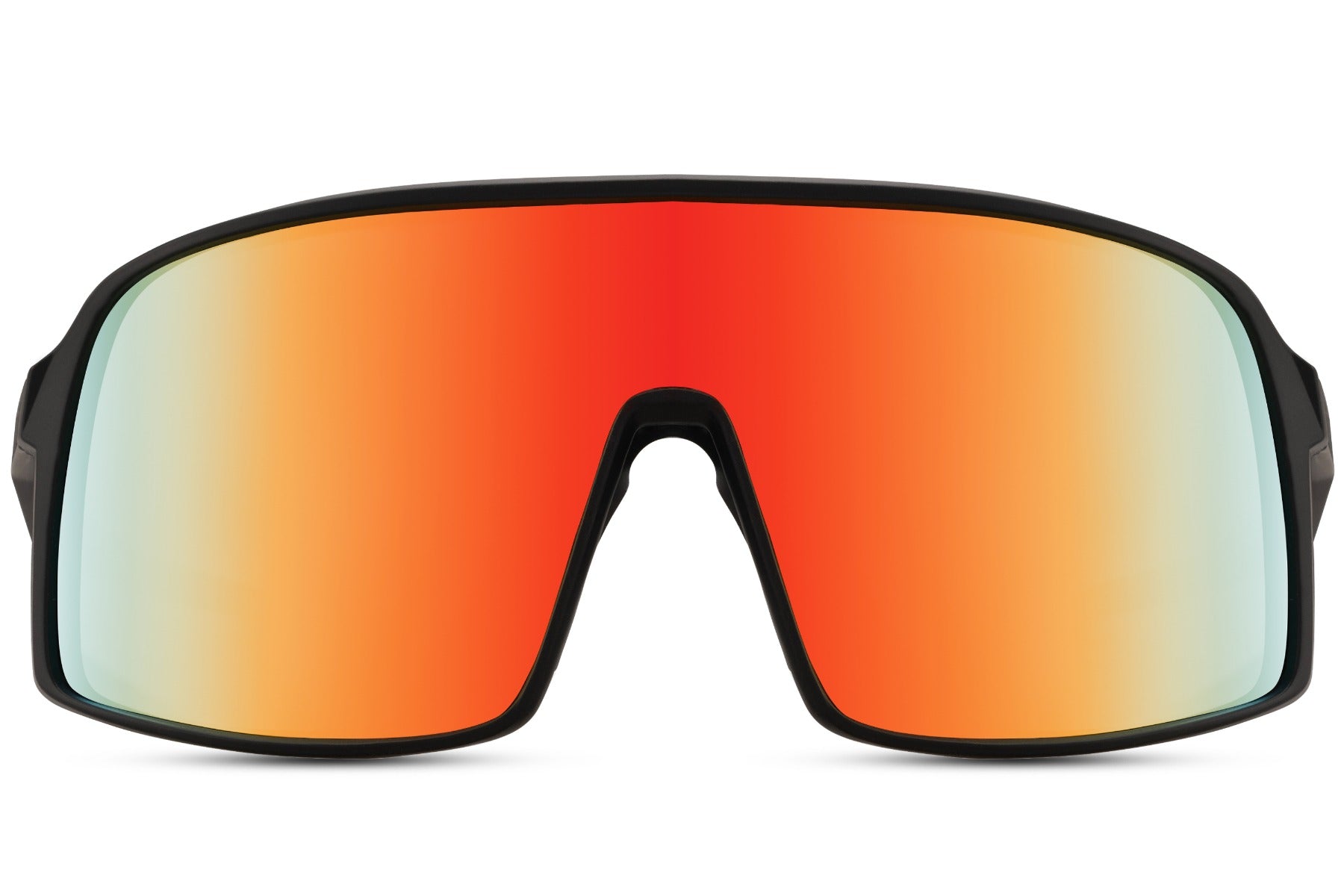 Cykelbriller med store glas og røde gradient glas set fra fronten