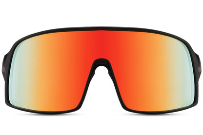 Cykelbriller med store glas og røde gradient glas set fra fronten