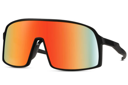 Cykelbriller med store glas og røde gradient glas set fra siden