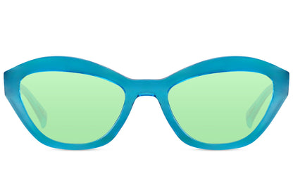 Farvede solbriller i cateye design grøn og blå set fra fronten